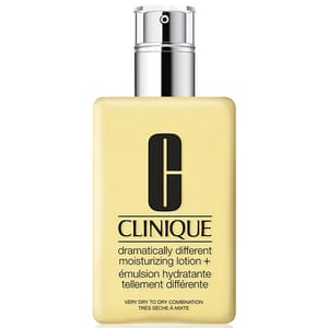 Clinique Dramatically Different Moisturizing Lotion+ is a hydrating face lotion for very dry to dry combination skin. It comes in a pale yellow bottle with a pump dispenser.