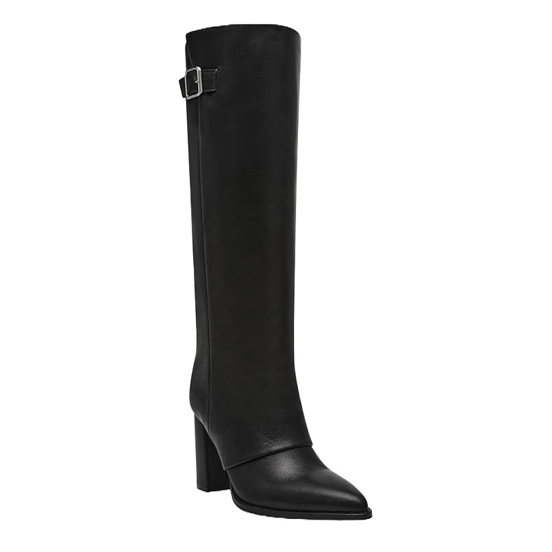 Steve Madden Brailey Boots are tall, knee-high black leather boots with a block heel, pointed toe, and a buckle strap detail near the top.