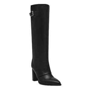 Steve Madden Brailey Boots are tall, knee-high black leather boots with a block heel, pointed toe, and a buckle strap detail near the top.