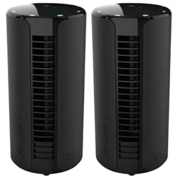 Two black cylindrical air purifiers with vent slits and touch controls on top.