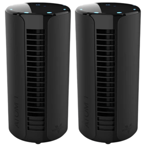 Two black cylindrical air purifiers with vent slits and touch controls on top.
