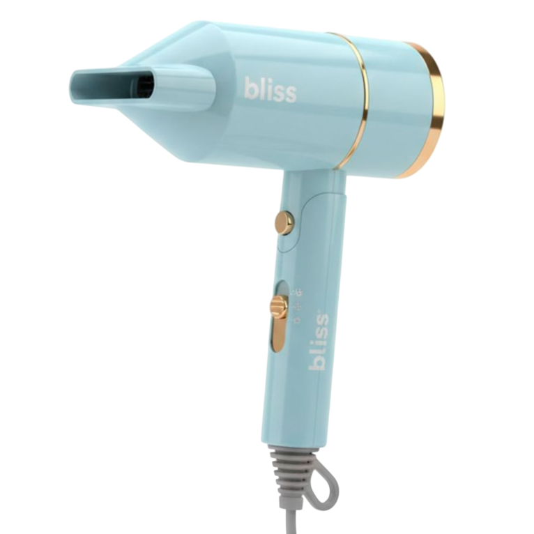 A light blue hair dryer with gold accents and a gray cord, featuring the brand name \“bliss\“ on its body.