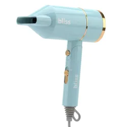 A light blue hair dryer with gold accents and a gray cord, featuring the brand name \“bliss\“ on its body.