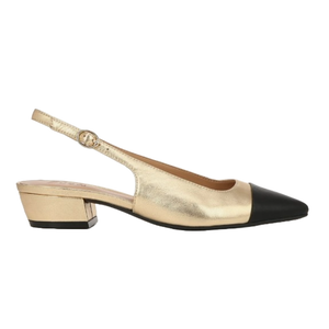 Gold slingback with a black pointed toe, adjustable strap, and low block heel, offering a stylish blend of elegance and comfort.