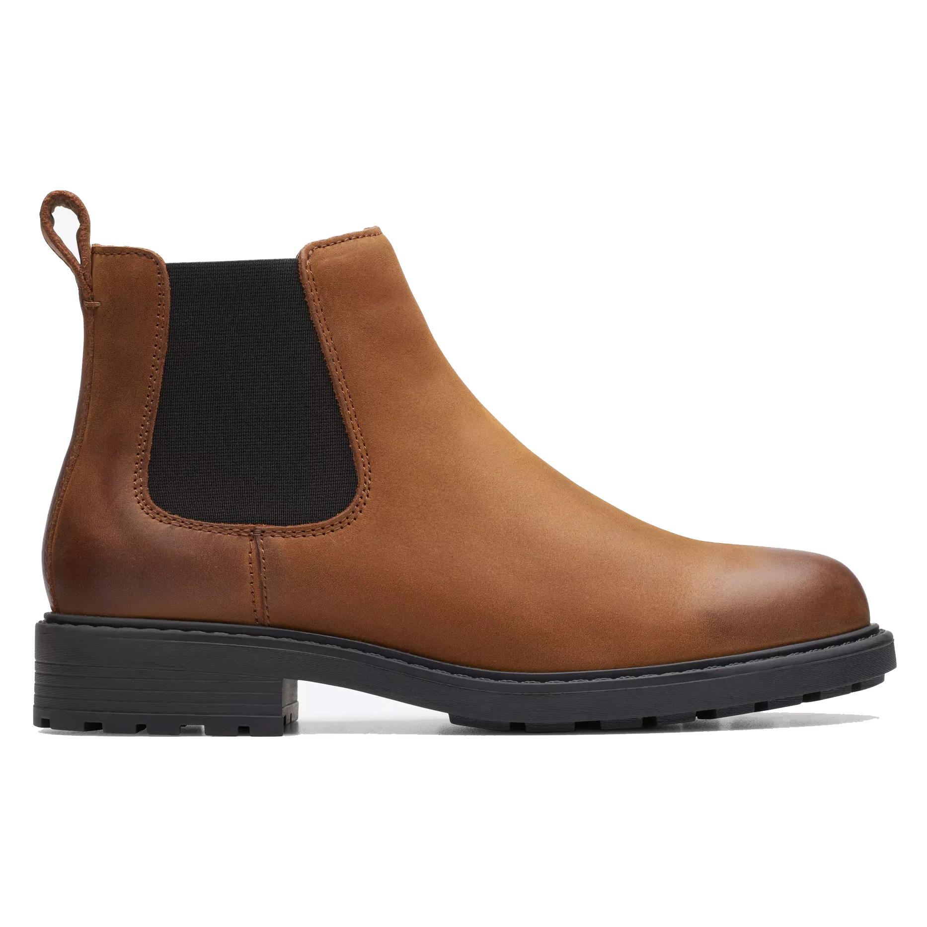 Brown leather Chelsea boot with black elastic side panel and black sole, featuring a pull tab at the back.