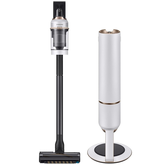 Samsung Stick Vacuum with Clean Station features a sleek cordless design and a separate, upright station for easy storage and automatic dirt disposal.