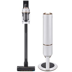 Samsung Stick Vacuum with Clean Station features a sleek cordless design and a separate, upright station for easy storage and automatic dirt disposal.