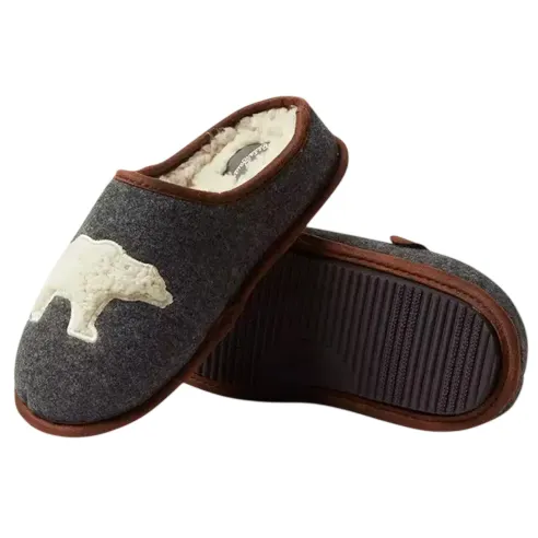 Gray slippers with a soft inner lining, featuring a white bear design on the top and ribbed soles for traction.