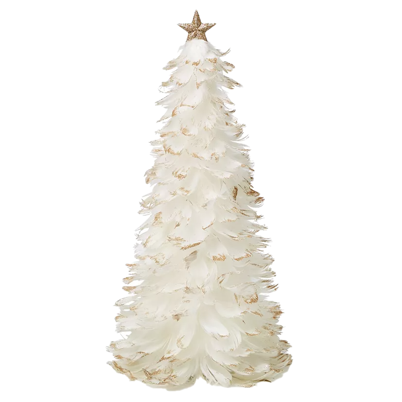 This is a white feather Christmas tree featuring gold-tipped feathers and topped with a golden star. It stands 17 inches tall.