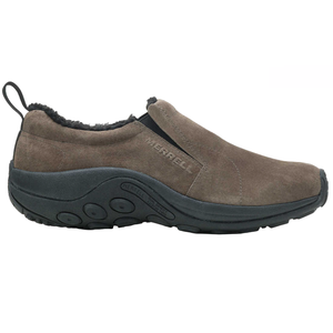 Merrell Men's Jungle Moc Cozy Shoes are slip-on shoes featuring a suede brown upper, a black rubber outsole, and fleece lining for warmth and comfort.