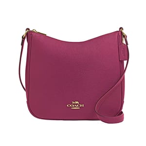 The Coach Outlet Ellie Leather File Bag is a pebbled leather crossbody in a rich magenta color, featuring gold-tone hardware, a zip closure, and an adjustable strap.