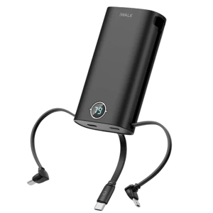 A black iWALK portable charger with a digital display showing a battery percentage, featuring integrated USB-C, Lightning, and Micro USB cables.