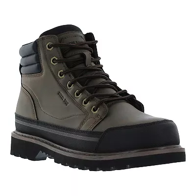 Olive green and black men's ankle boots with lace-up closure and a padded collar, featuring a steel toe for protection.
