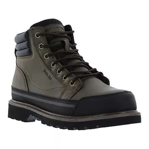 Olive green and black men's ankle boots with lace-up closure and a padded collar, featuring a steel toe for protection.