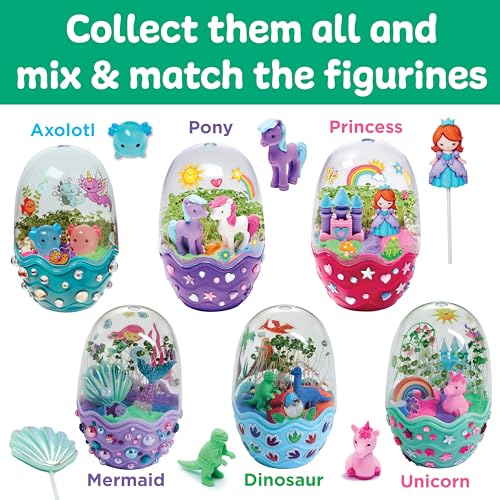 Collectible toy figurines with themed designs: Axolotl, Pony, Princess, Mermaid, Dinosaur, and Unicorn, each inside colorful egg-like pods that can be mixed and matched.