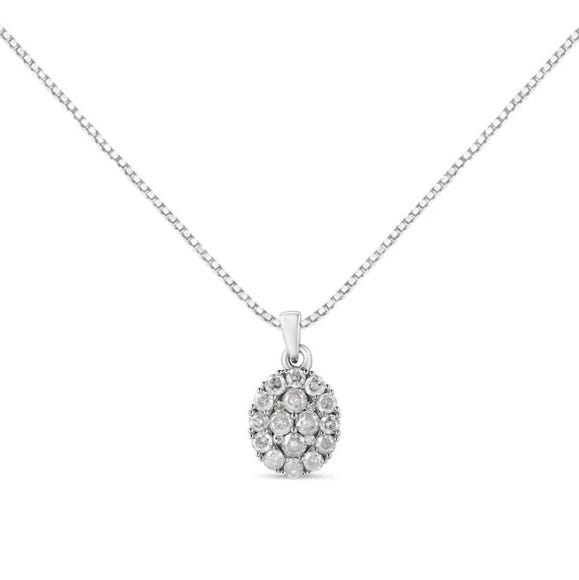 A silver necklace with a 1.25-carat diamond cluster pendant, featuring a central arrangement of small, round diamonds set in a circular pattern.
