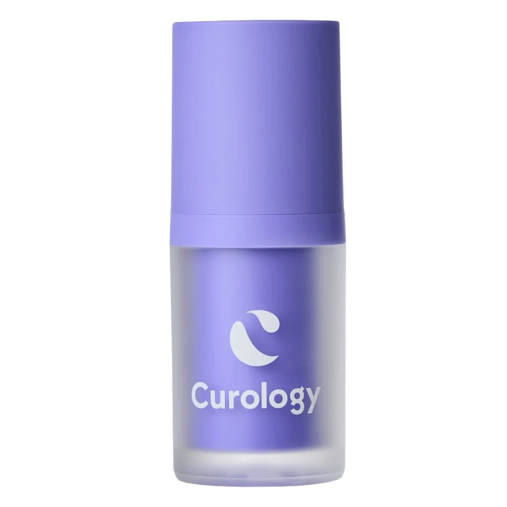 Curology skincare bottle with a purple cap and clear body, displaying the brand logo.