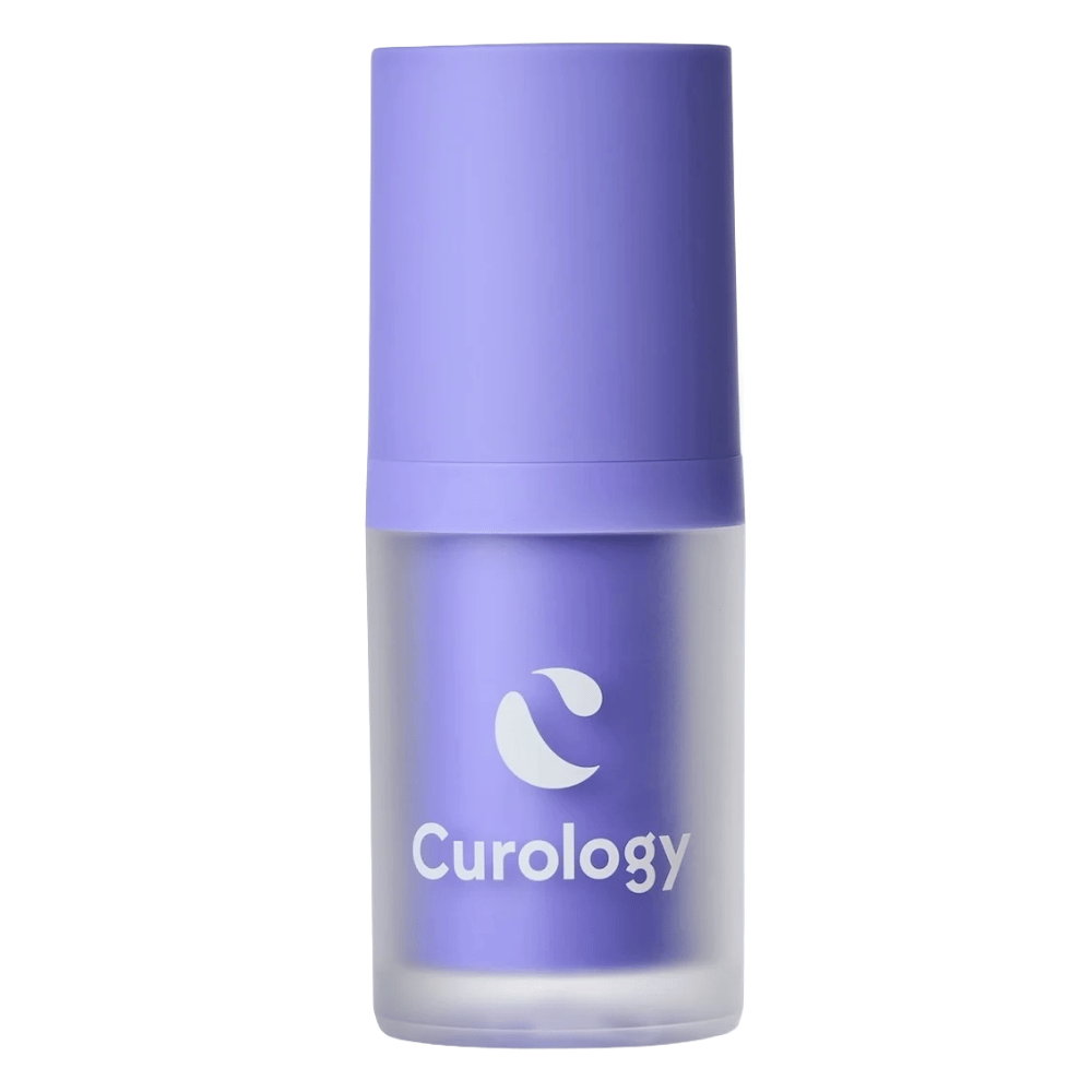 Curology skincare bottle with a purple cap and clear body, displaying the brand logo.