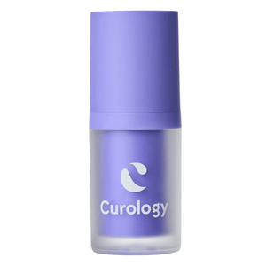 Curology skincare bottle with a purple cap and clear body, displaying the brand logo.