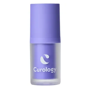 Curology skincare bottle with a purple cap and clear body, displaying the brand logo.