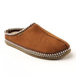 Brown slip-on slippers with a suede-like texture, featuring a soft inner lining and decorative stitching around the edges.