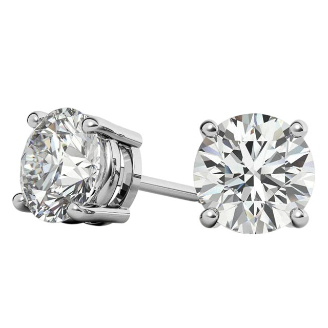 A pair of round diamond stud earrings set in white gold with four-prong settings, featuring a classic and elegant design.