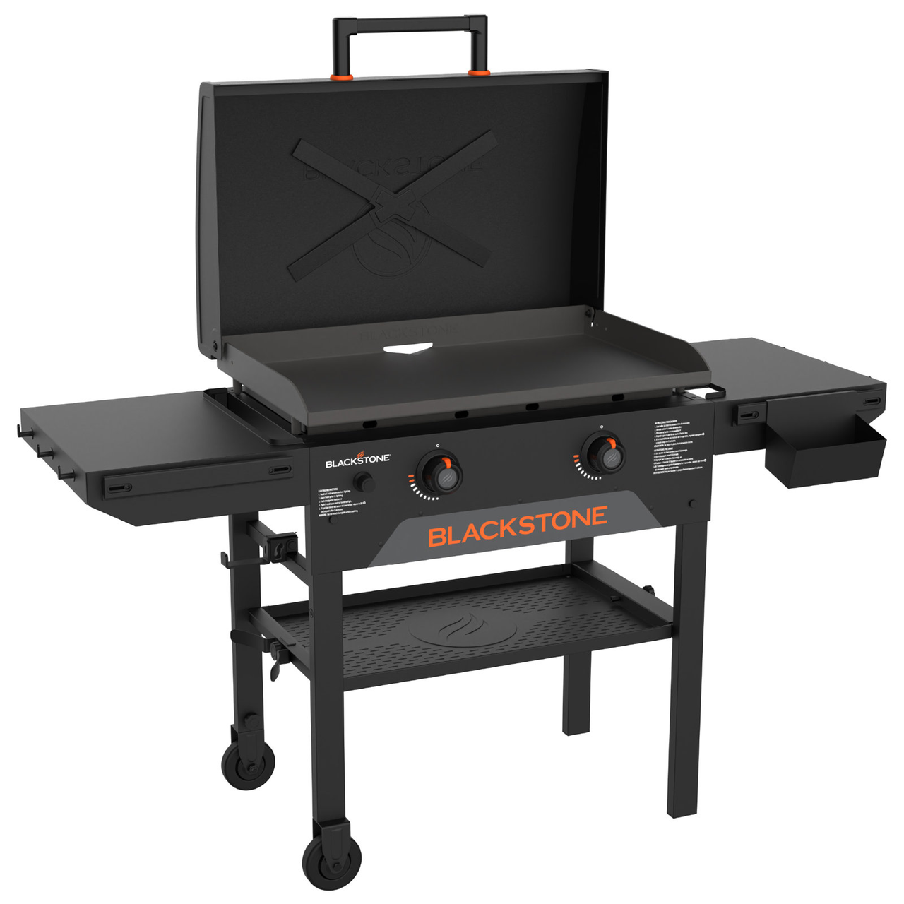 The Blackstone 28\“ Griddle with Hood features a flat top cooking surface with two burners, side shelves for extra storage, and a bottom shelf for support. It includes a hood for heat retention and wheels for mobility.