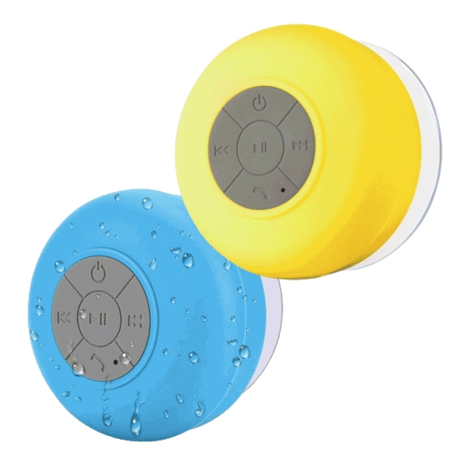 Two waterproof Bluetooth speakers in blue and yellow, each featuring control buttons and a suction cup for mounting.