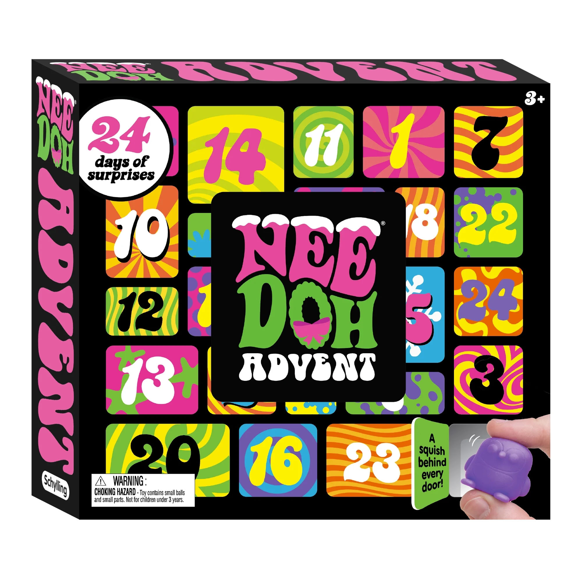 Advent calendar by Schylling with 24 days of surprises, featuring colorful patterns and a squish toy visible in a cut-out window. Suitable for ages 3 and up. Warning: Choking hazard.