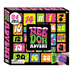 Advent calendar by Schylling with 24 days of surprises, featuring colorful patterns and a squish toy visible in a cut-out window. Suitable for ages 3 and up. Warning: Choking hazard.