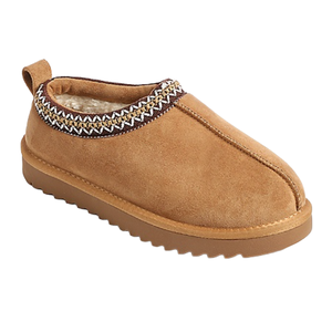 A suede slipper with a tan color, featuring a patterned trim around the opening and a plush lining, with a rubber sole designed for warmth and comfort.