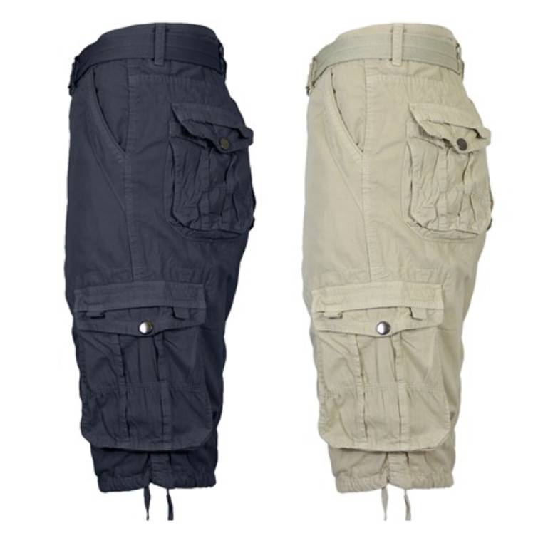 Two pairs of belted cargo shorts, one in dark blue and the other in beige, featuring multiple pockets including a large side pocket with a flap and button. They have drawstrings at the hem for adjustable fitting.