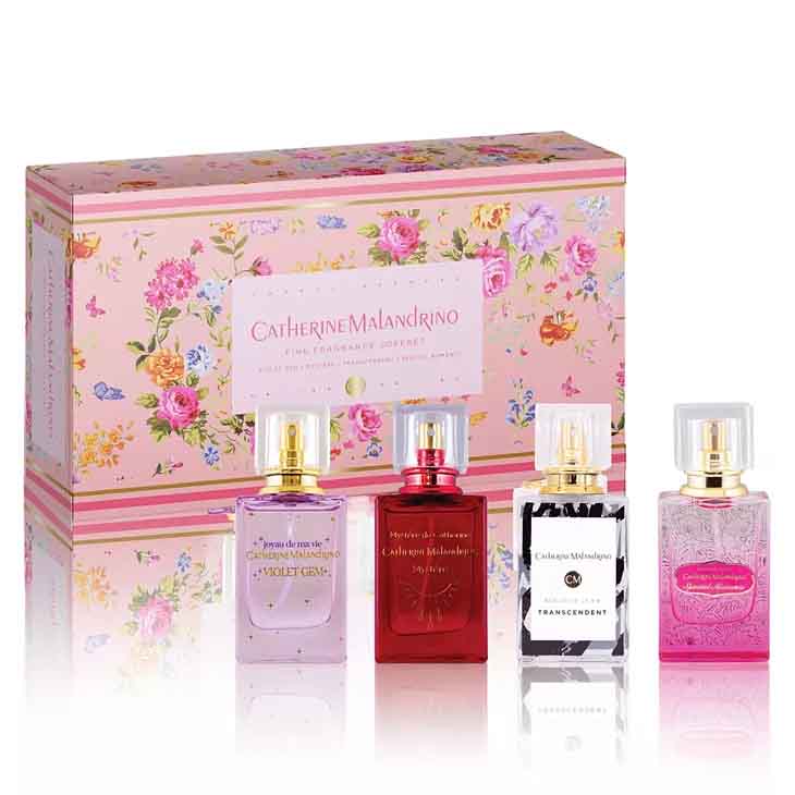 Catherine Malandrino fragrance gift set includes four perfumes in floral packaging: Violet Gem, Style de Paris, Transcendent, and Romance de Provence.