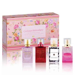 Catherine Malandrino fragrance gift set includes four perfumes in floral packaging: Violet Gem, Style de Paris, Transcendent, and Romance de Provence.