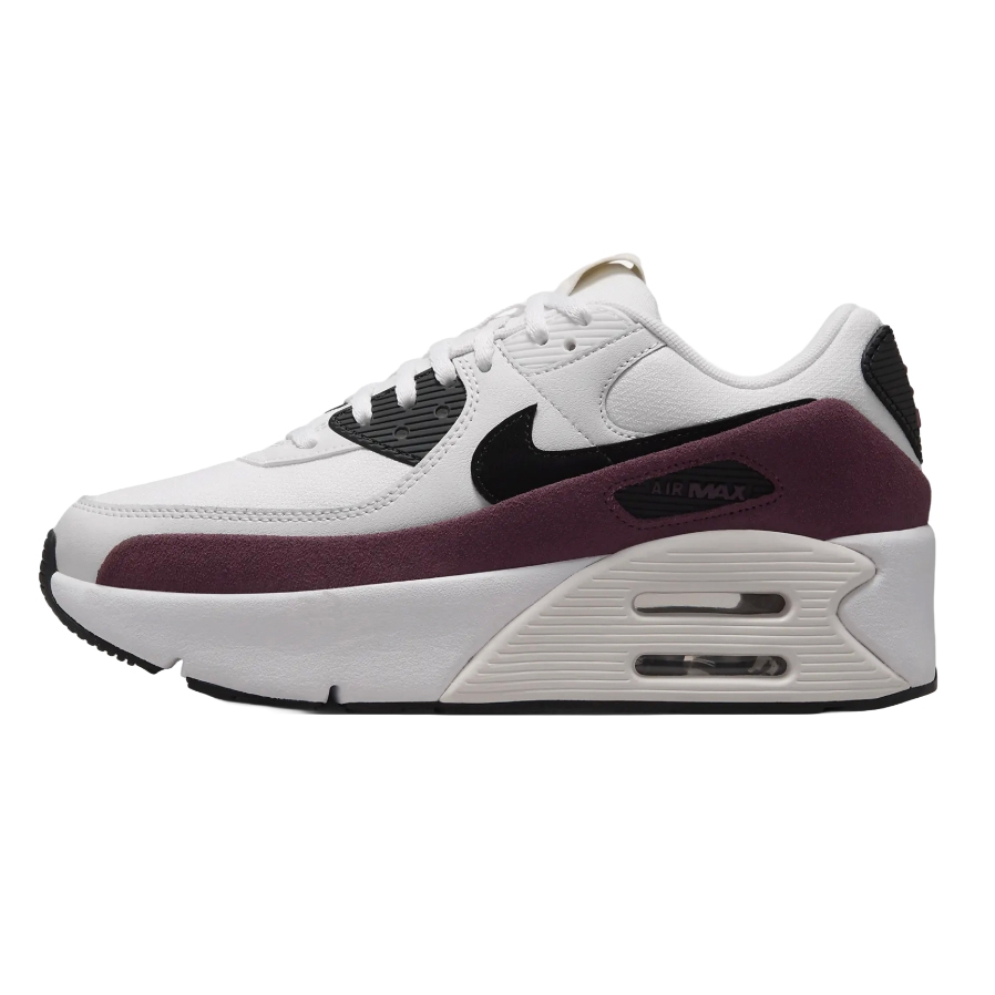 A white and burgundy Nike Air Max sneaker with a black Swoosh logo, featuring a visible air unit in the midsole.