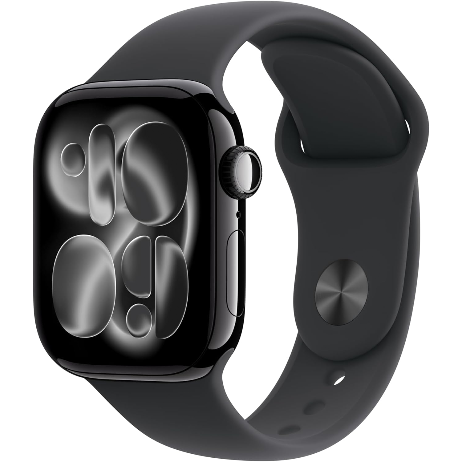 A smartwatch with a dark, round-edged face and a black band, featuring a sleek, modern design.