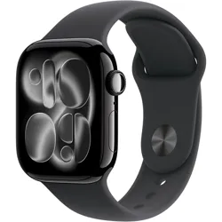 A smartwatch with a dark, round-edged face and a black band, featuring a sleek, modern design.