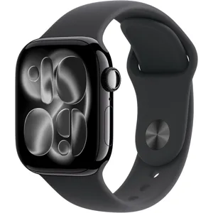 A smartwatch with a dark, round-edged face and a black band, featuring a sleek, modern design.