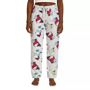 White pajama pants featuring a print of cartoon characters in red and blue, with an adjustable drawstring waistband.