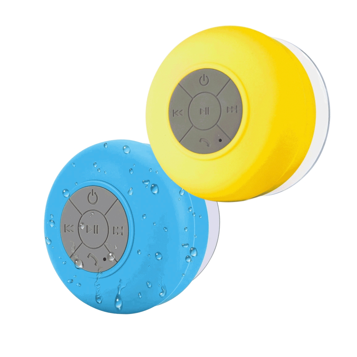 Two waterproof Bluetooth speakers, one yellow and one blue, with suction cups and control buttons for power, play/pause, forward, backward, and calls. The blue speaker has water droplets on its surface.