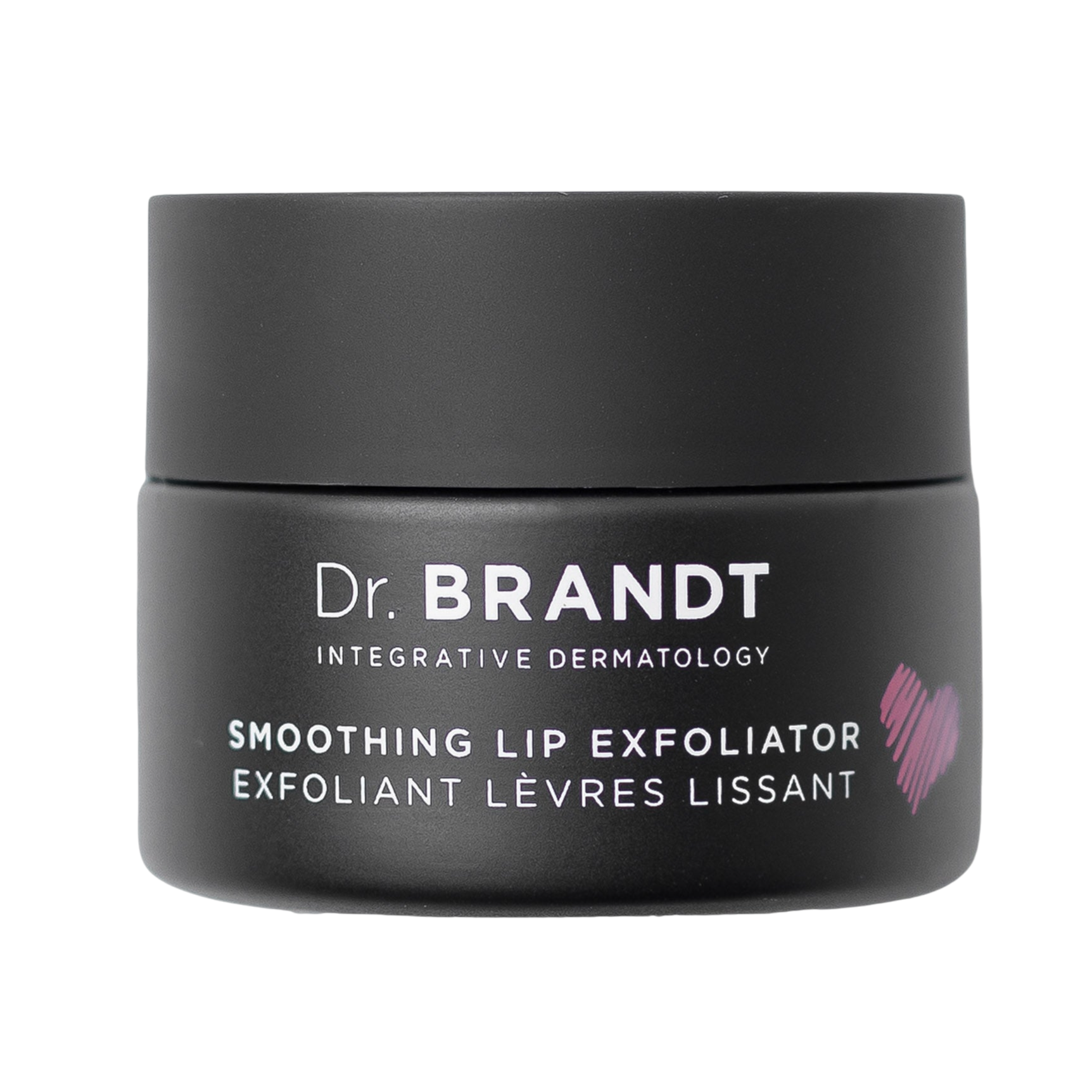 Dr. Brandt Smoothing Lip Exfoliator, designed for integrative dermatology, in a black container with a pink heart detail.