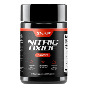 SNAP Nitric Oxide Booster, a dietary supplement with 60 capsules, supports quick recovery, aids healthy circulation, and supports muscle recovery.