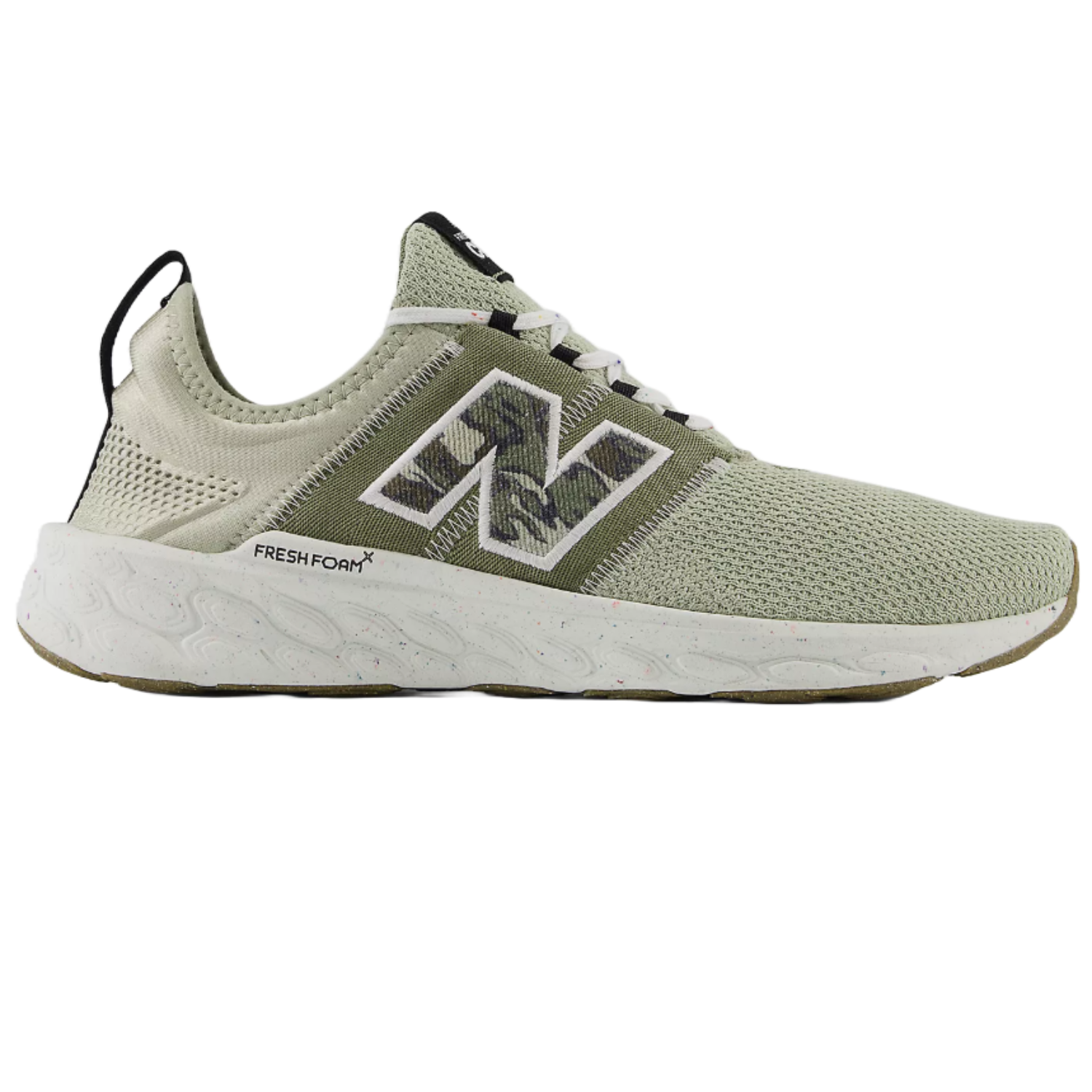 The New Balance Fresh Foam X Cruz features a sage green mesh upper with a camo \“N\“ logo, and a white speckled Fresh Foam midsole, designed for comfort and style.