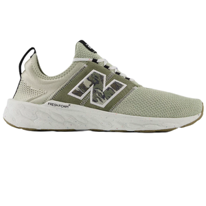 The New Balance Fresh Foam X Cruz features a sage green mesh upper with a camo \“N\“ logo, and a white speckled Fresh Foam midsole, designed for comfort and style.