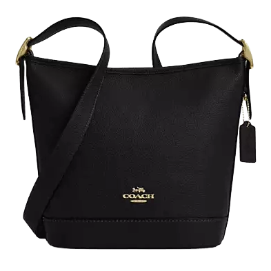 A black Coach crossbody bag with gold hardware, featuring a minimalist design, leather texture, and an adjustable strap.