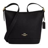A black Coach crossbody bag with gold hardware, featuring a minimalist design, leather texture, and an adjustable strap.