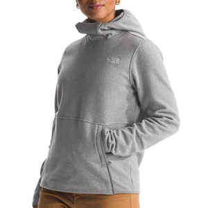 Gray fleece jacket with a hood, featuring The North Face logo on the chest, zippered side pockets, and a stylish design ideal for warmth and comfort.