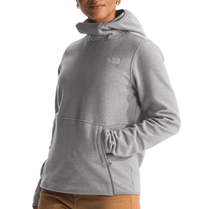 Gray fleece jacket with a hood, featuring The North Face logo on the chest, zippered side pockets, and a stylish design ideal for warmth and comfort.