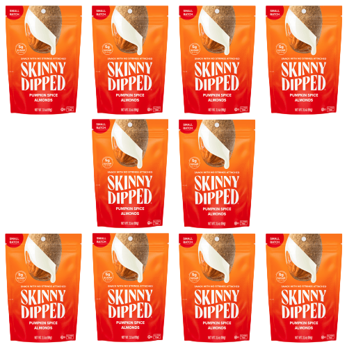 Skinny Dipped Pumpkin Spice Almonds, 3.5 oz bags, are displayed in a 3x3 grid.