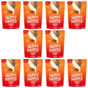 Skinny Dipped Pumpkin Spice Almonds, 3.5 oz bags, are displayed in a 3x3 grid.